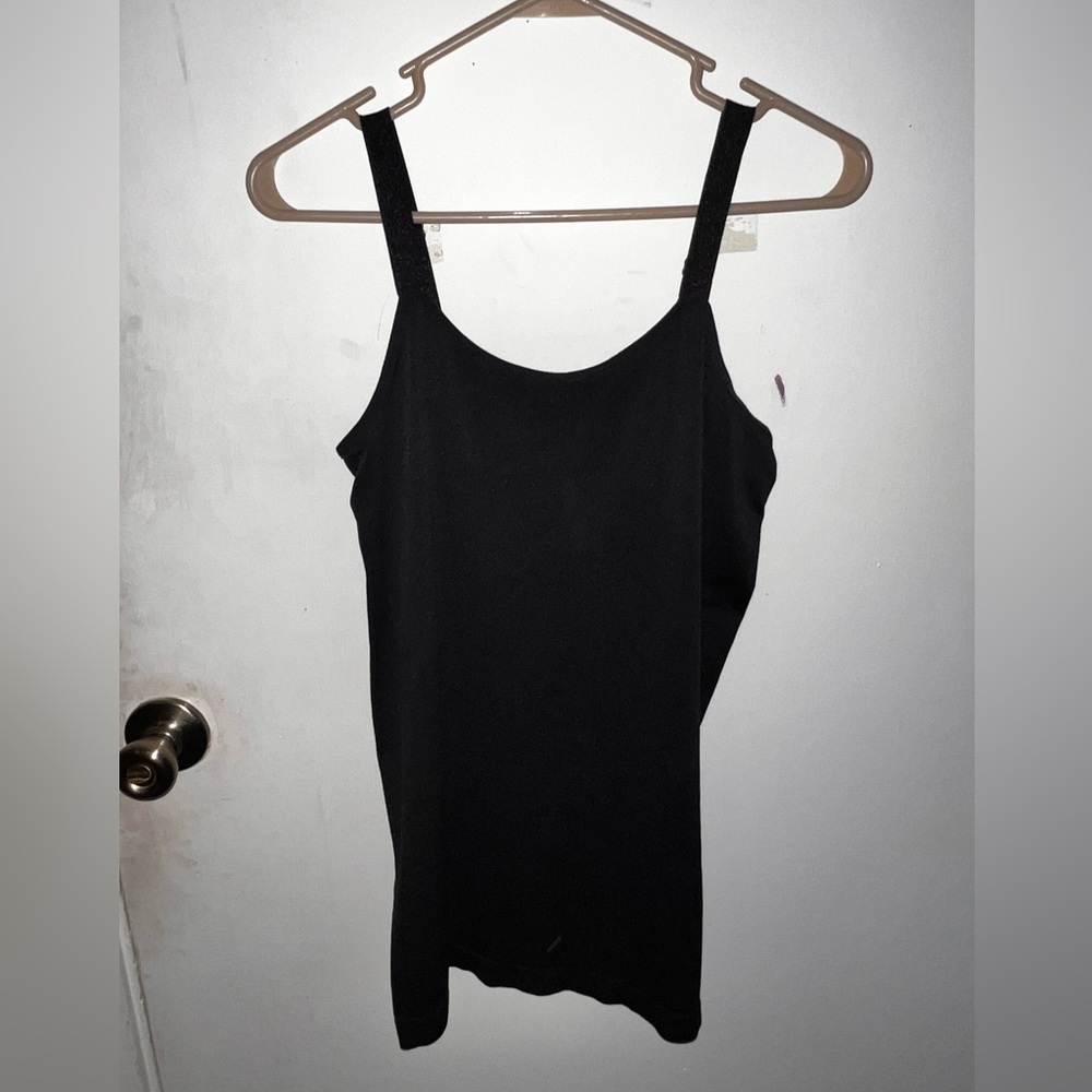 Plain black tank top with adjustable straps, size large